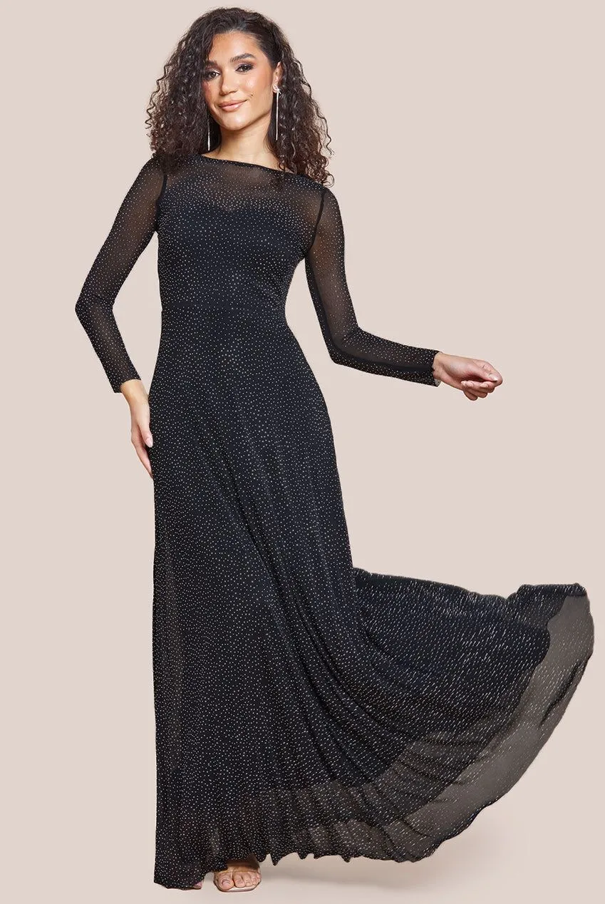 Hotfix Diamante Mesh A Line Long Sleeve Maxi Dress