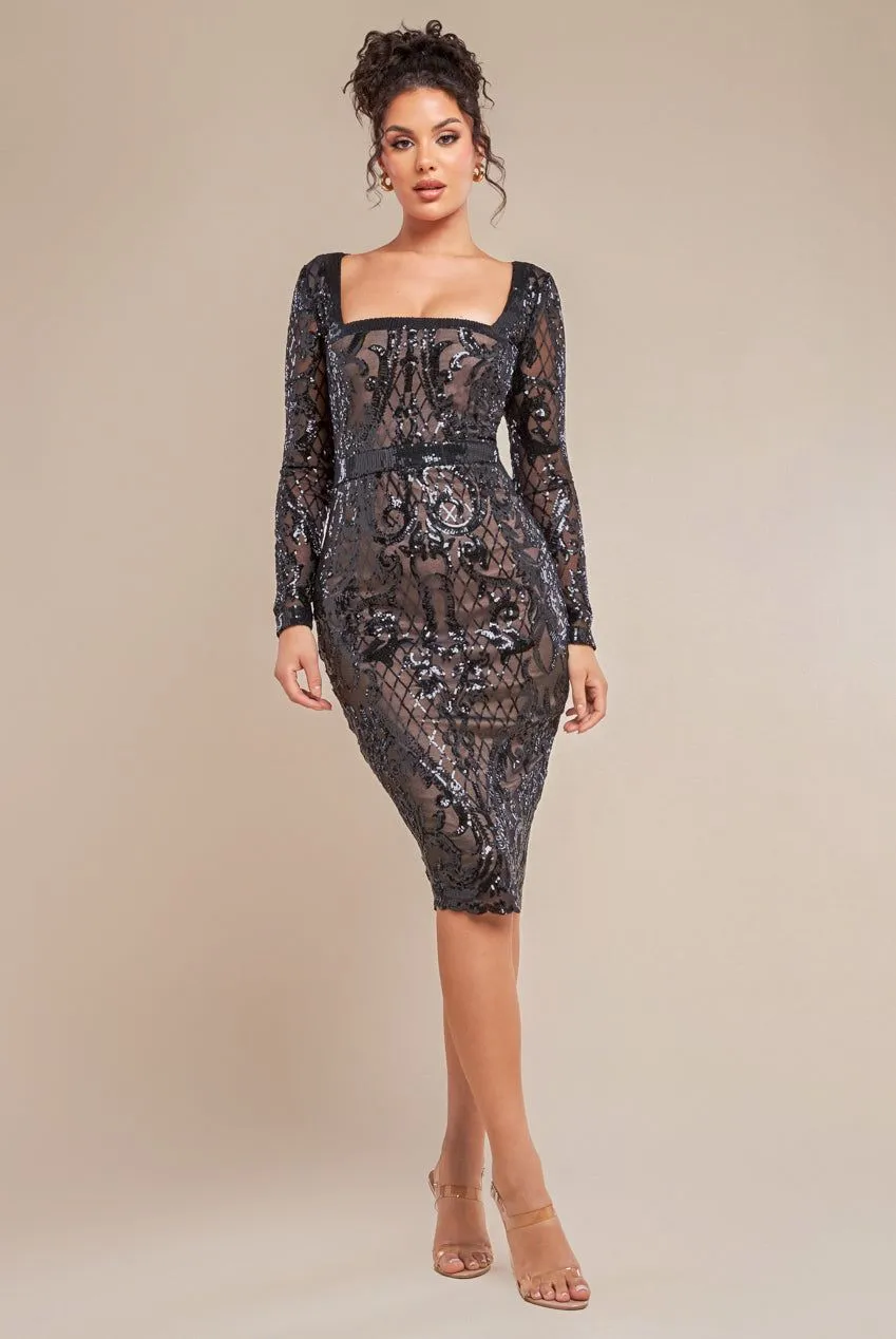 Sequin Square Neck Bodycon Midi Dress With Scalloped Hem