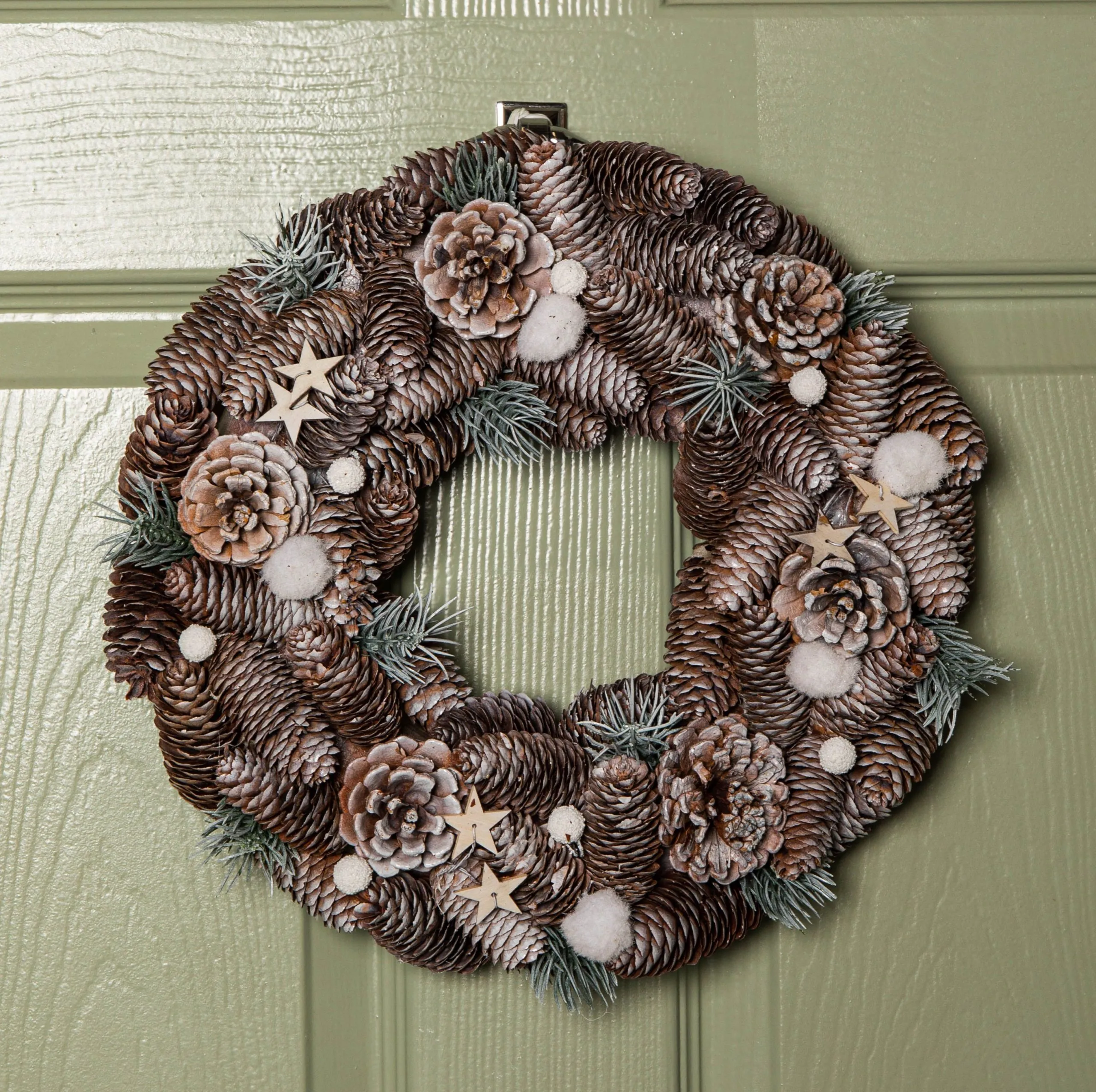 36cm Frosted Hanging Christmas Wreath with Pine Cones & Wooden Stars