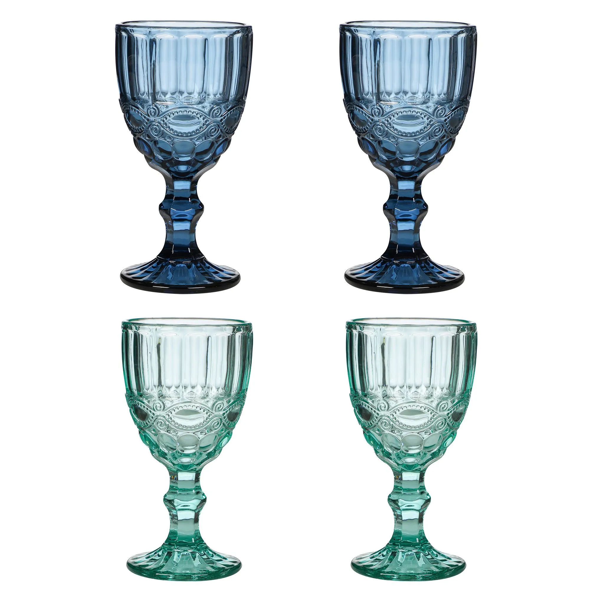 Set of 4 Vintage Luxury Sapphire Blue & Turquoise Drinking Wine Glass Wine Goblets Gift Idea 350ml