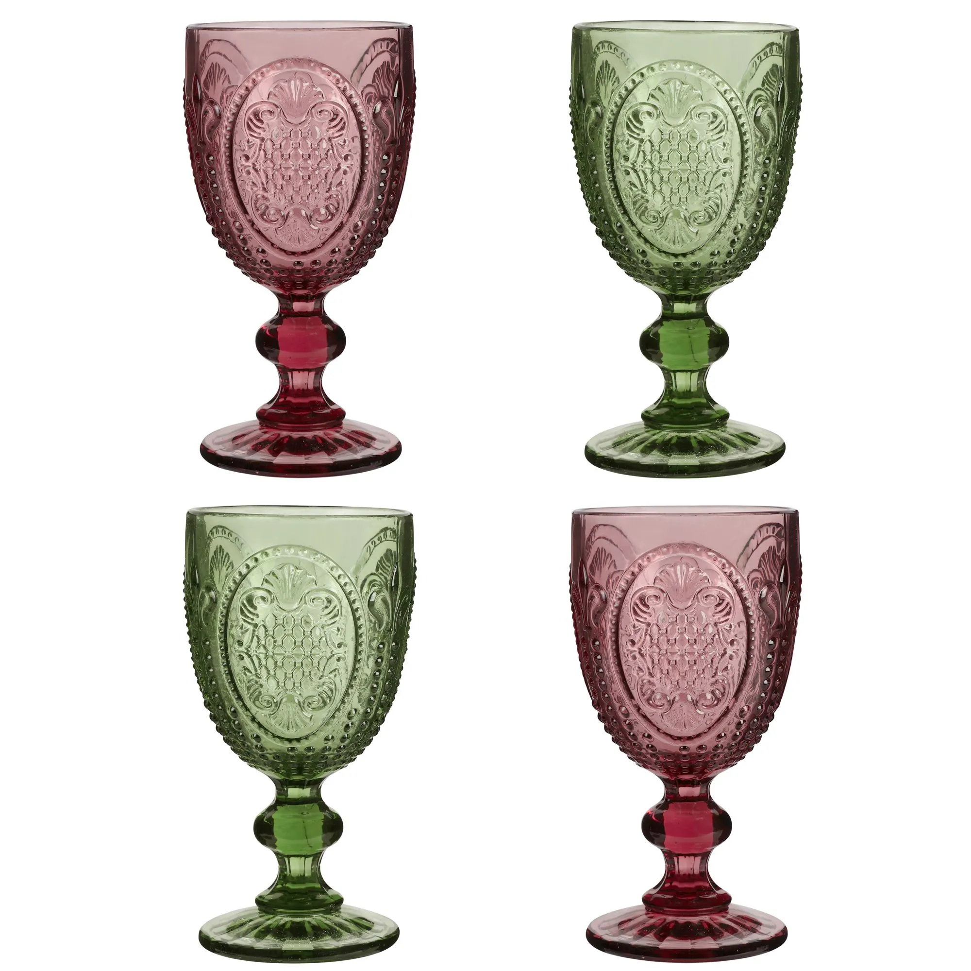 Set of 4 Vintage Luxury Pink & Green Drinking Wine Glass Wine Goblets Gift Idea 310ml