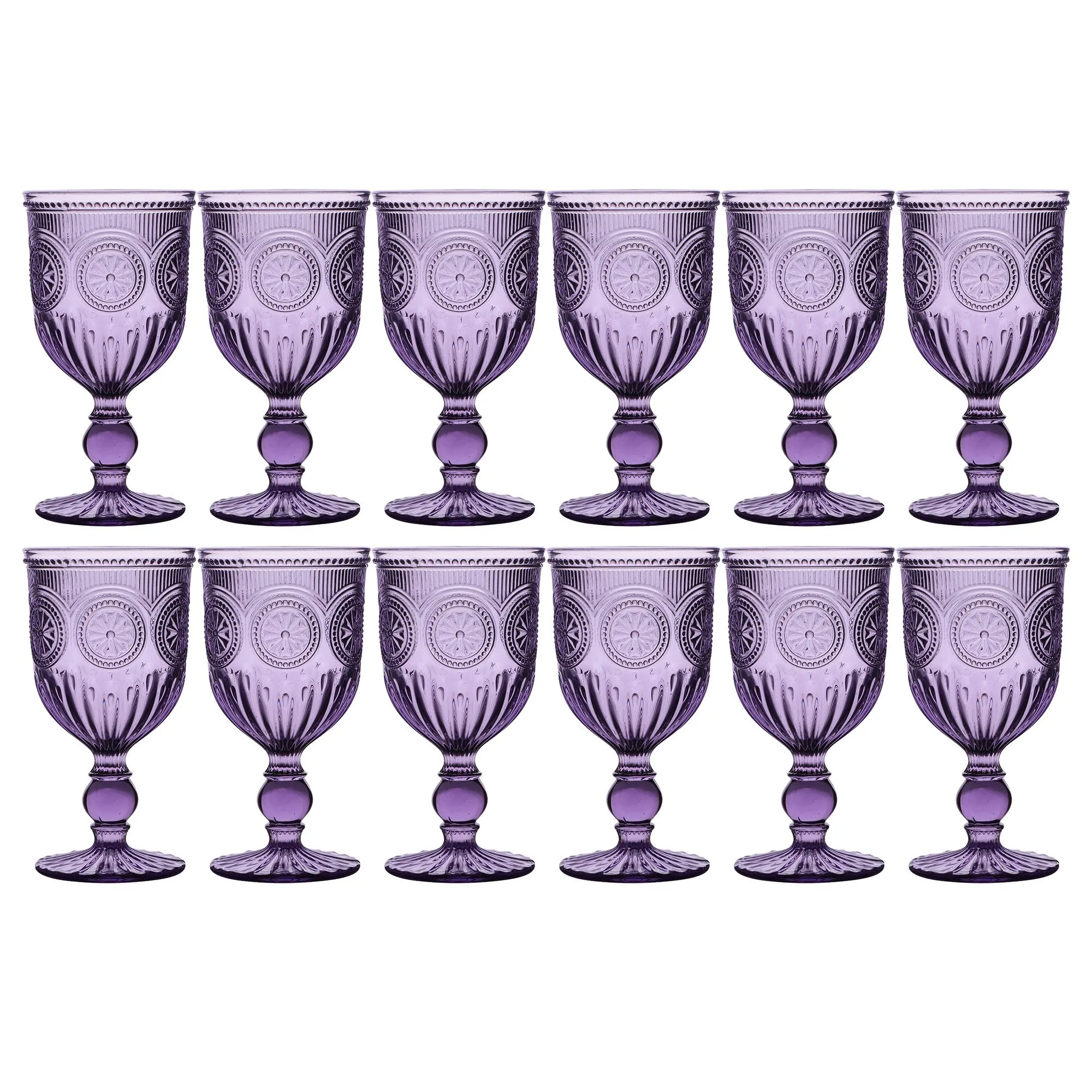 Set of 12 Vintage Luxury Purple Embossed Drinking Wine Glass Wine Goblets Gift Idea 290ml