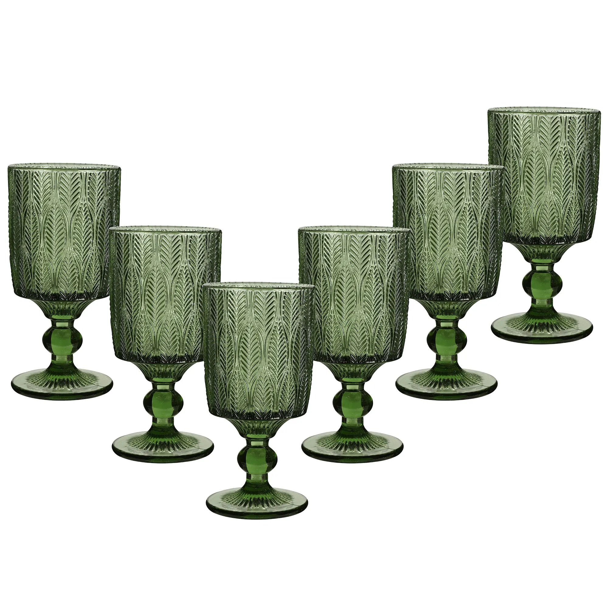 Set of 6 Vintage Luxury Green Trailing Leaf Drinking Goblet Glasses Gift Idea 350ml