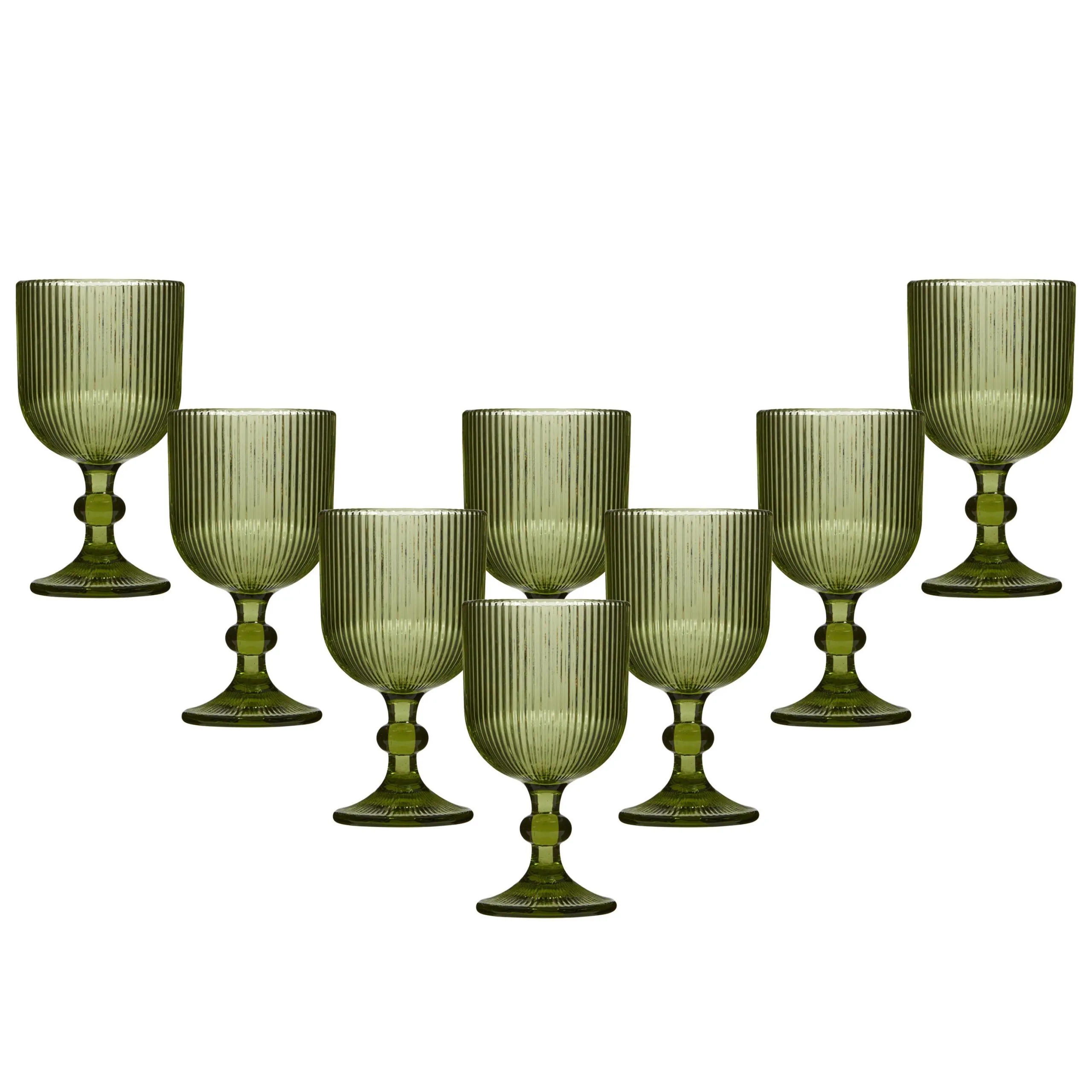 Set of 8 Vintage Luxury Green Ribbed Drinking Wine Glass Wine Goblets Gift Idea 360ml