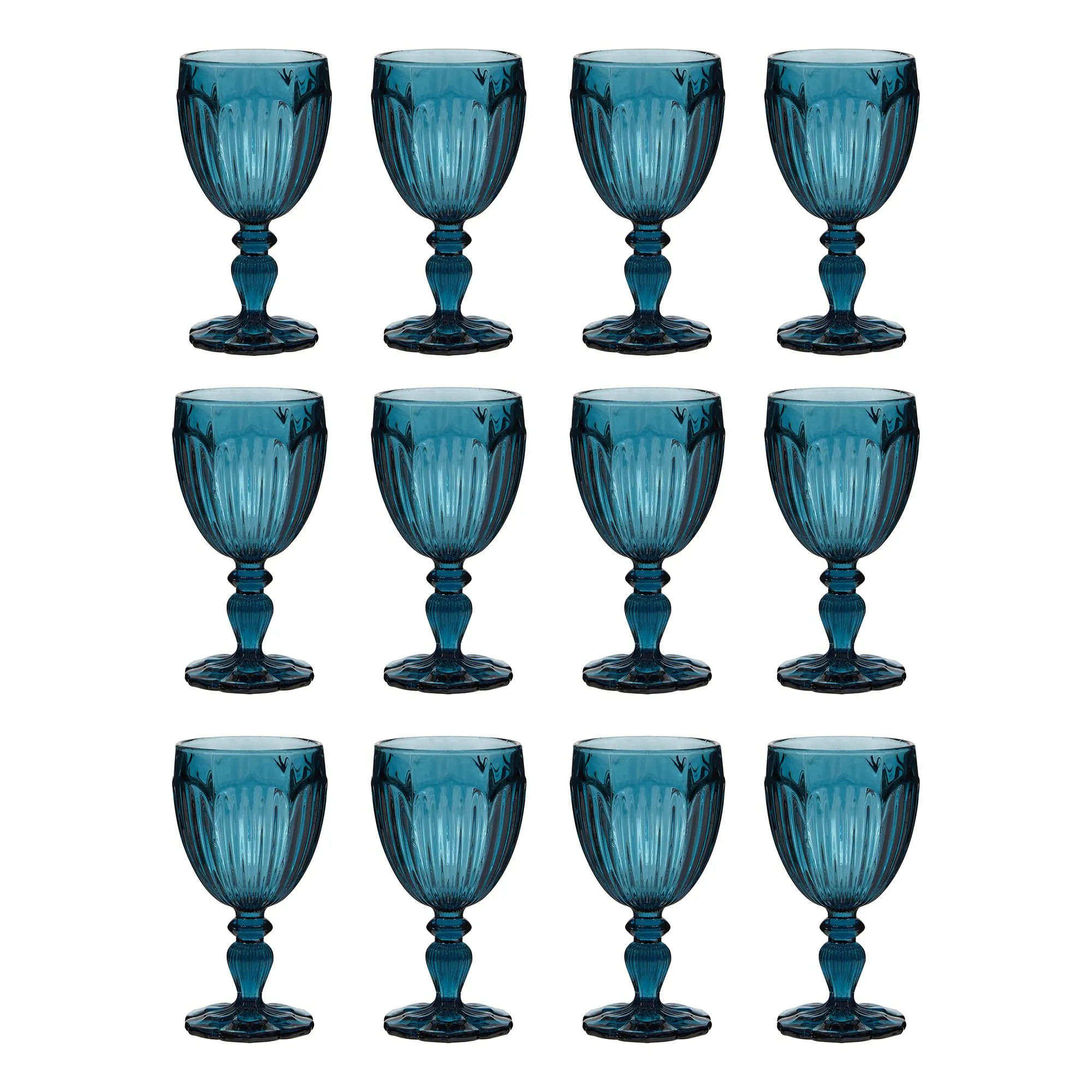 Set of 12 Luxury Embossed Blue Drinking Wine Glass Wine Goblets Gift Idea 280ml
