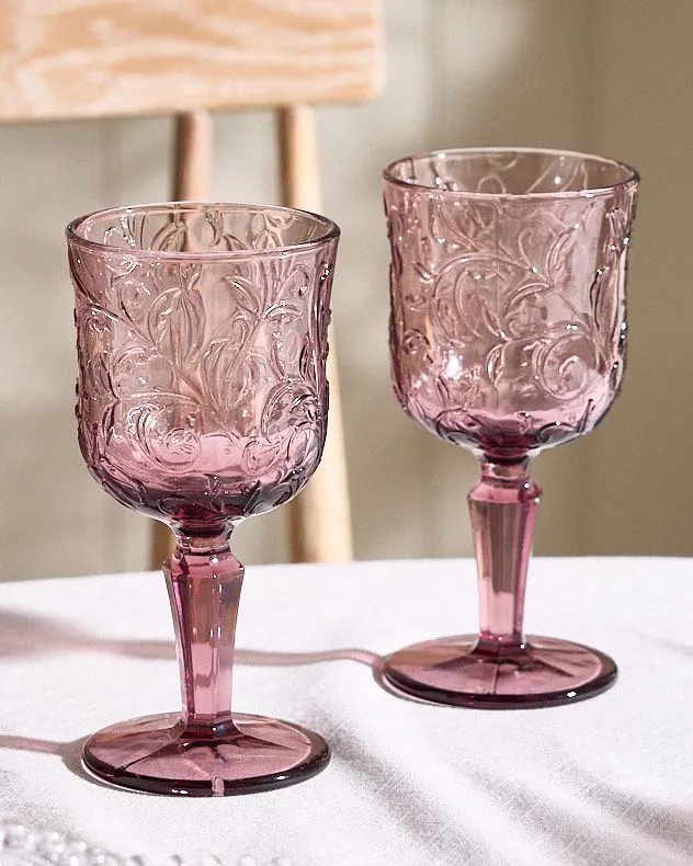 Set of 2 Luxury Embossed Pink Drinking Wine Glass Wine Goblets Gift Idea 270ml