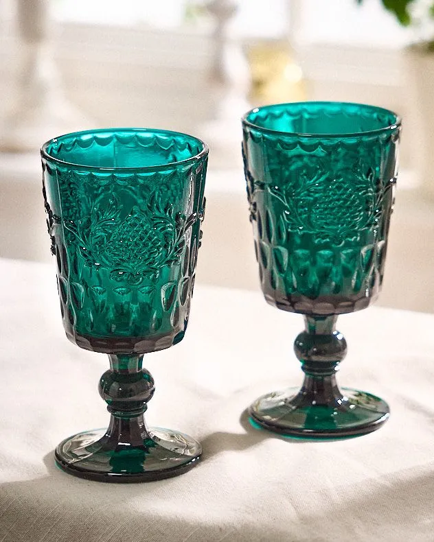 Set of 2 Luxury Embossed Dark Green Drinking Wine Glass Wine Goblets Gift Idea 290ml
