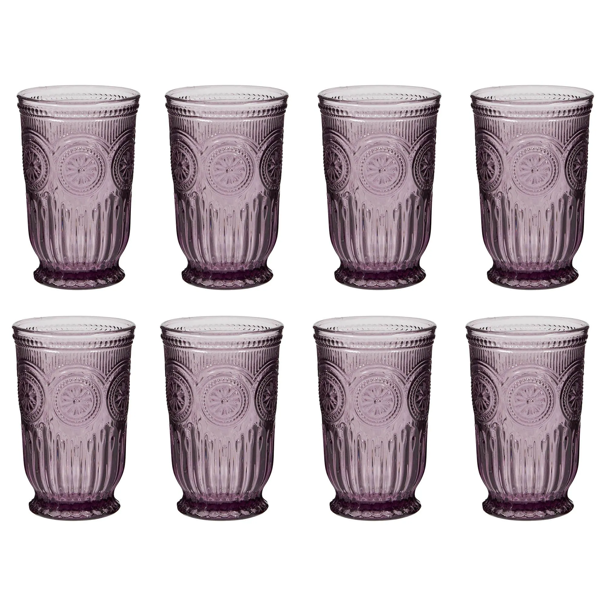 Set of 8 Luxury Embossed Purple Tall Drinking Glass Tumblers Gift Idea 330ml