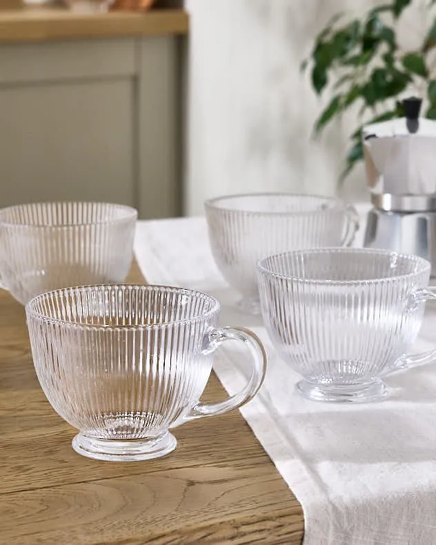 Set of 4 Embossed Footed Glass Mulled Coffee Tea Mugs