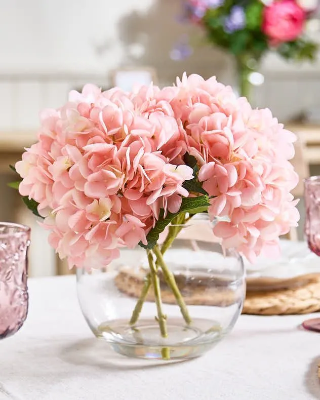 Traditional Style Pink Hydrangeas in Glass Globe Home Decor Vase