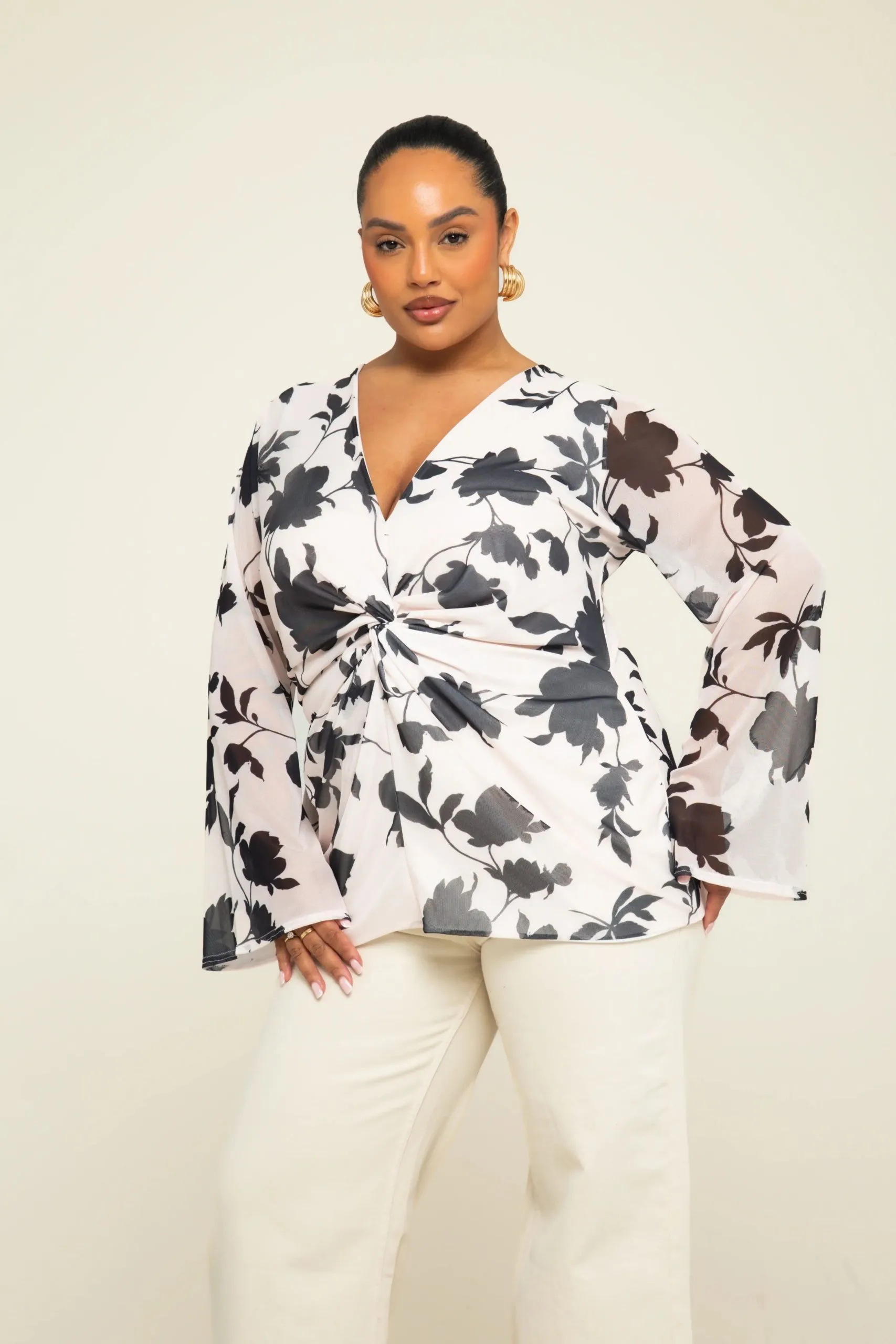 Curve Floral Print Twist Front Flare Sleeve Mesh Blouse