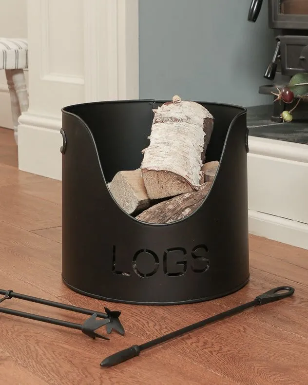 Country Fireside Log Storage and Kindling Bucket with Poker and Tongs