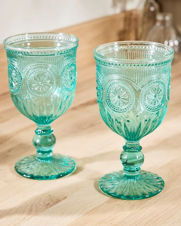 Set of 2 Vintage Luxury Turquoise Embossed Drinking Wine Glass Wine Goblets Gift Idea 290ml