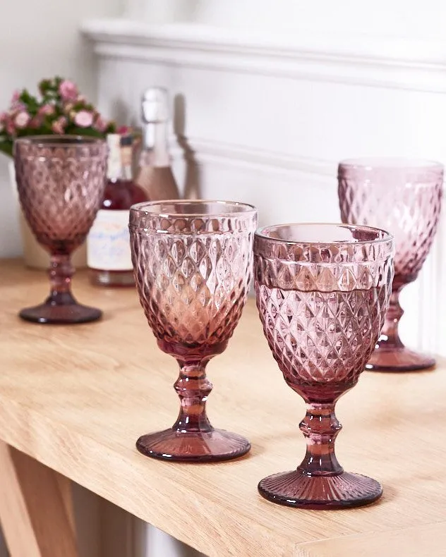 Set of 4 Vintage Luxury Red Diamond Embossed Drinking Wine Glass Wine Goblets Gift Idea 270ml