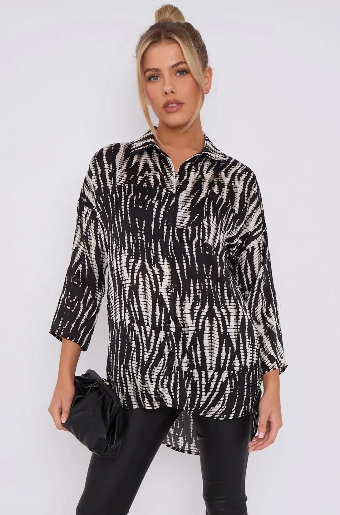 Black Tie Dye Print Satin Oversized Shirt