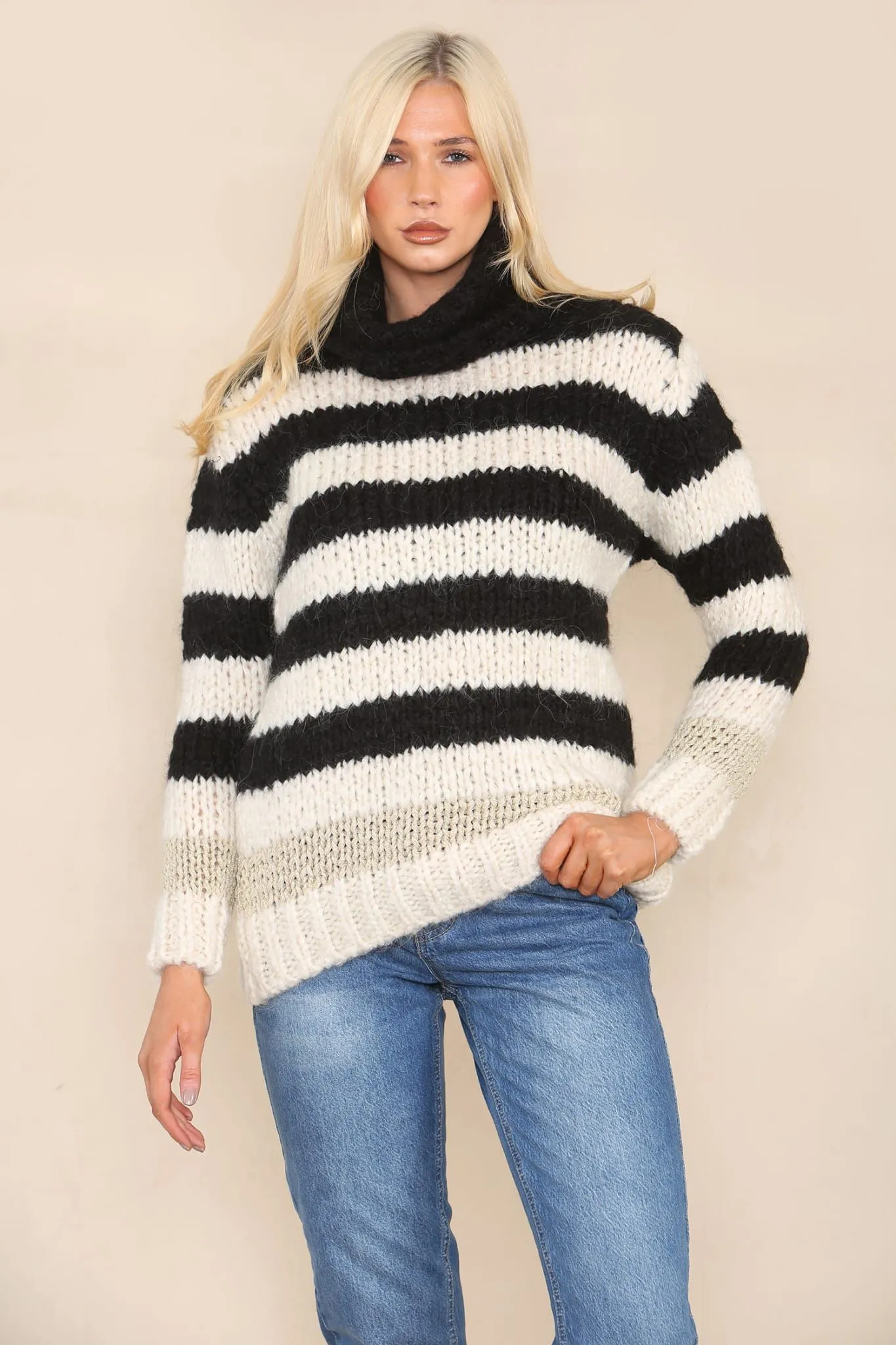 Black and Cream Striped Sweater Roll Up Neck