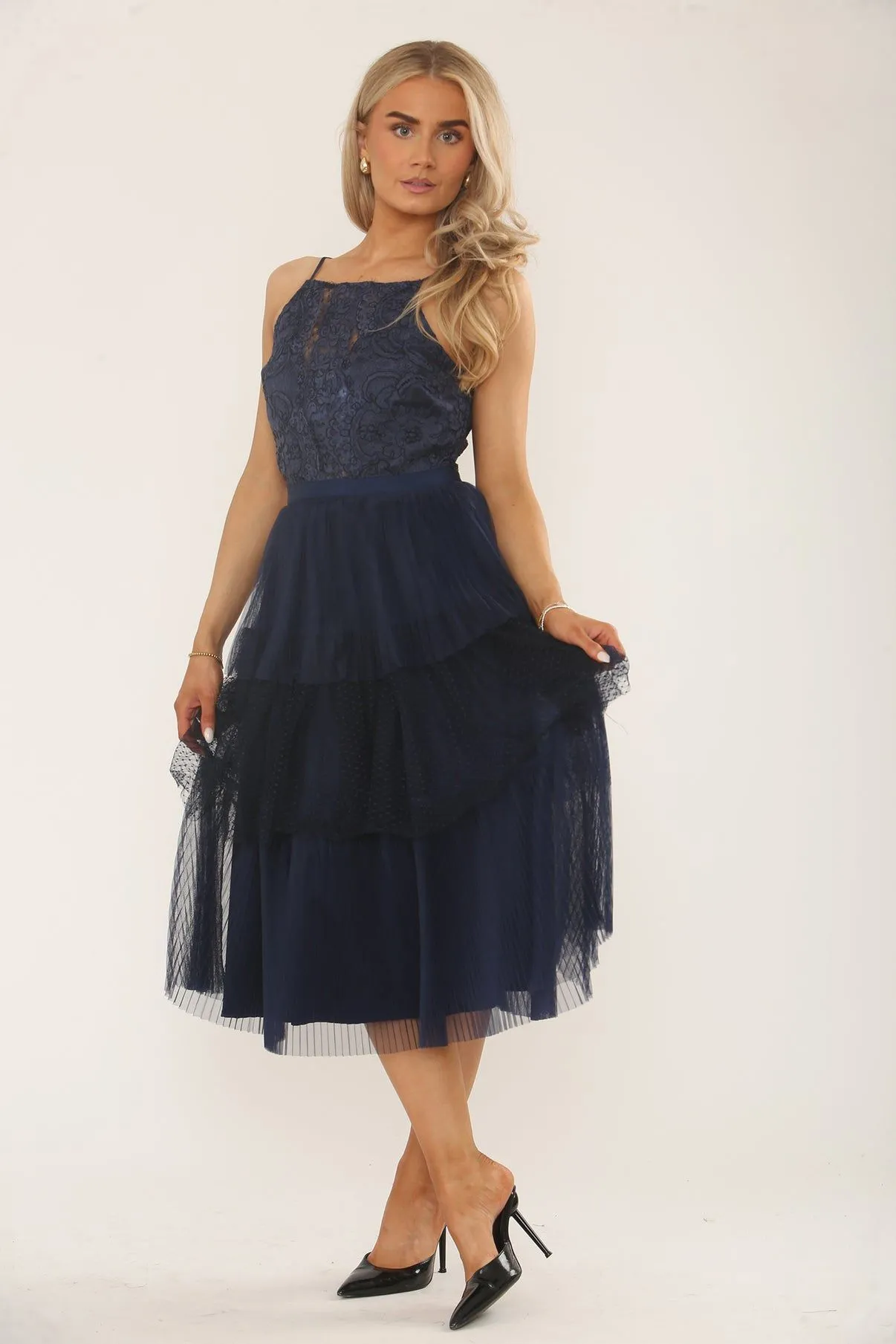 Navy Lace & Mesh Tiered Midi Dress