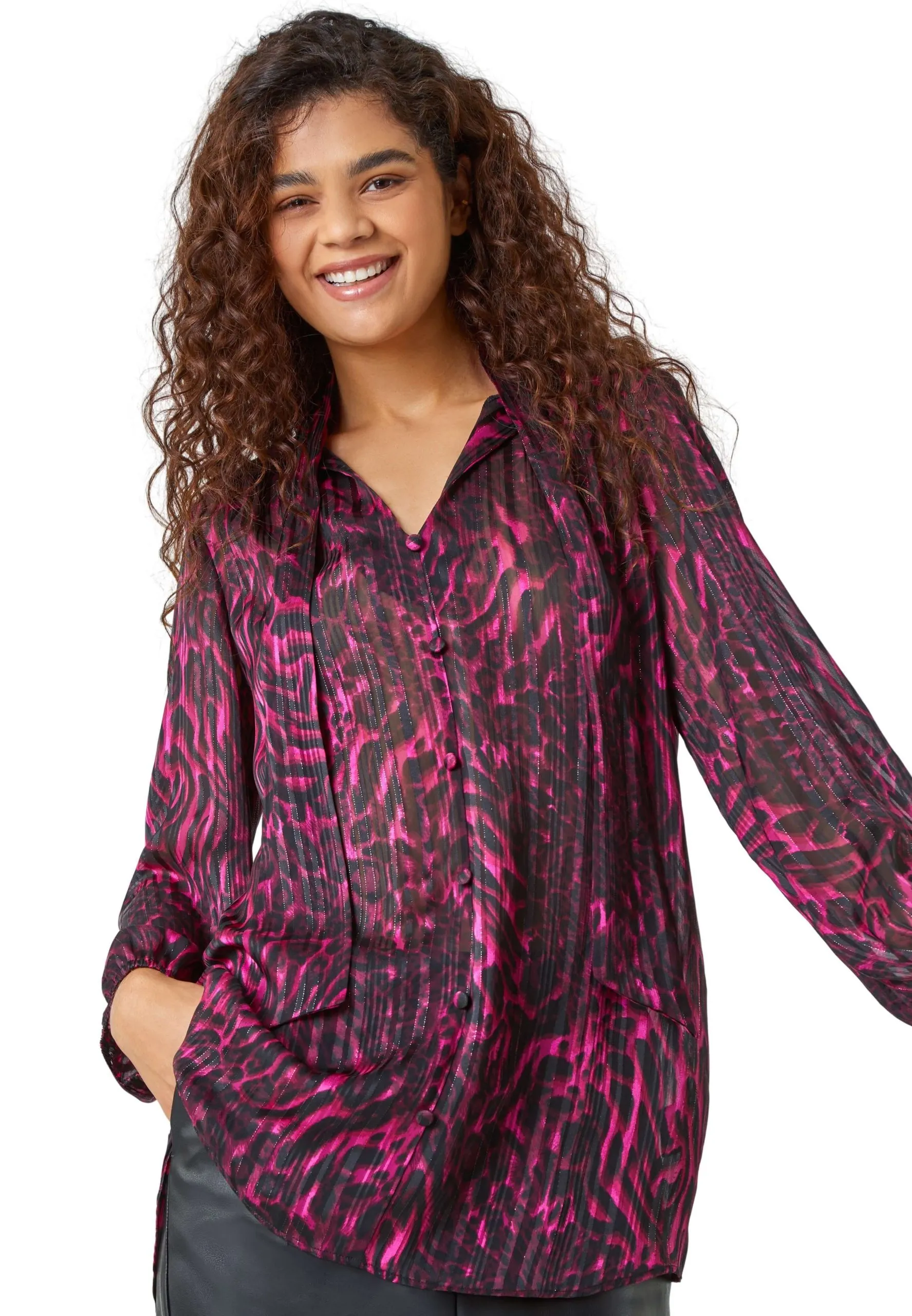 Animal Print Tie Neck Chiffon Top