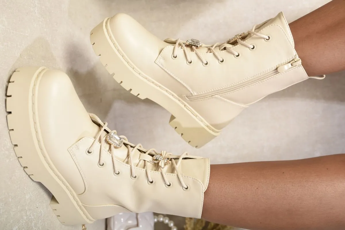 Bailey Zip Lace Up Chunky Biker Boots With Decor Details