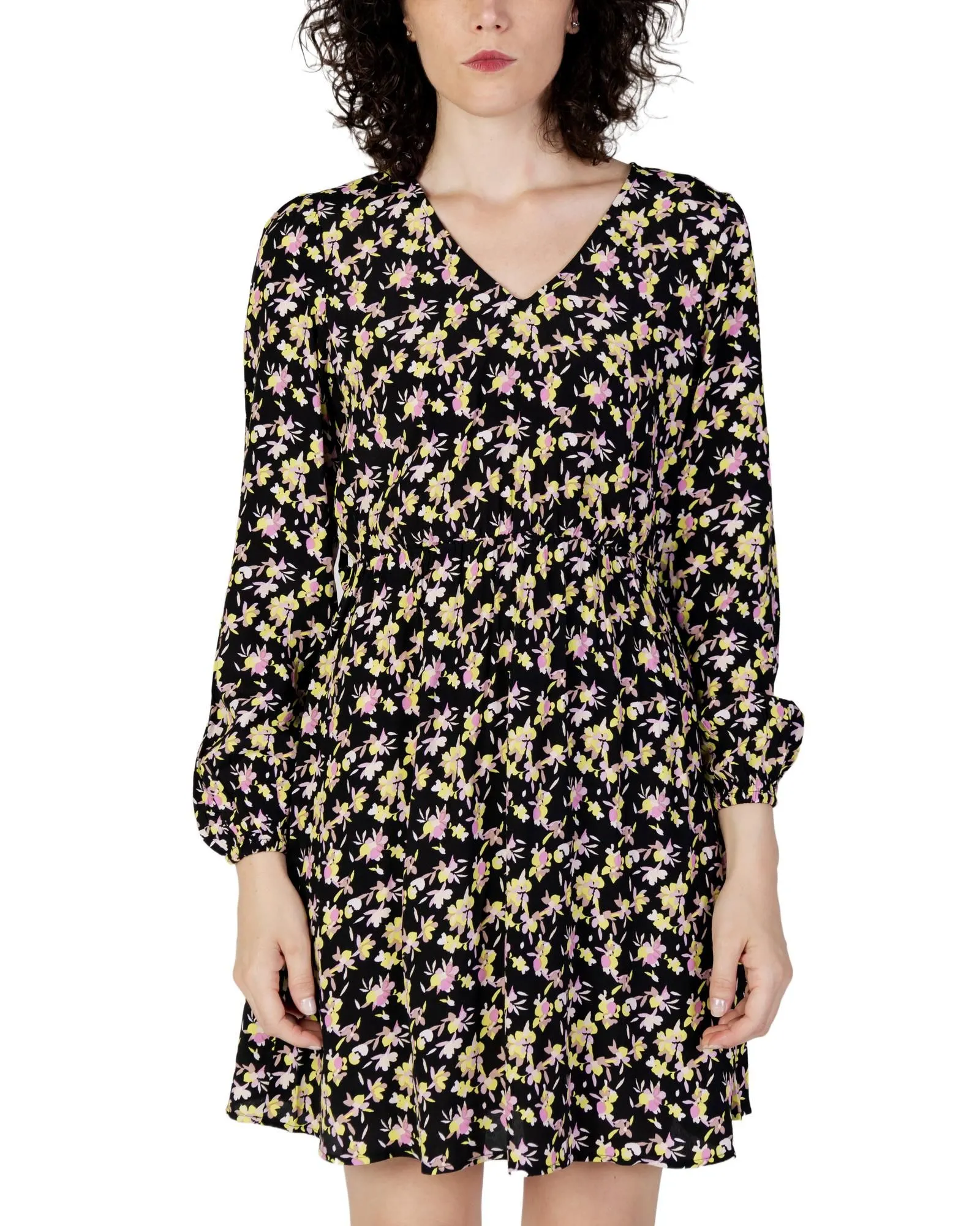 Floral Mini Dress Long Sleeves VNeck- Black Dresses