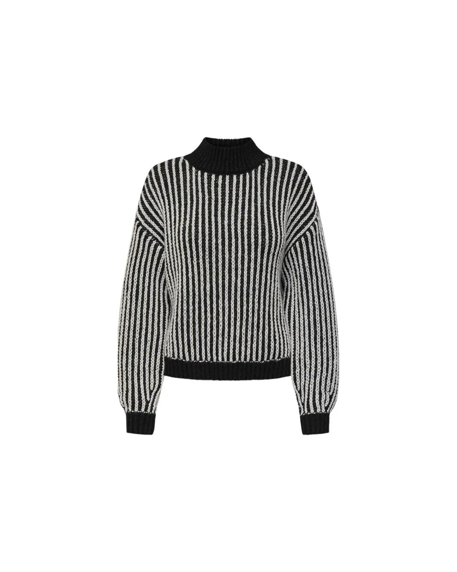 Mock Neck Sweater Striped Knit- Black