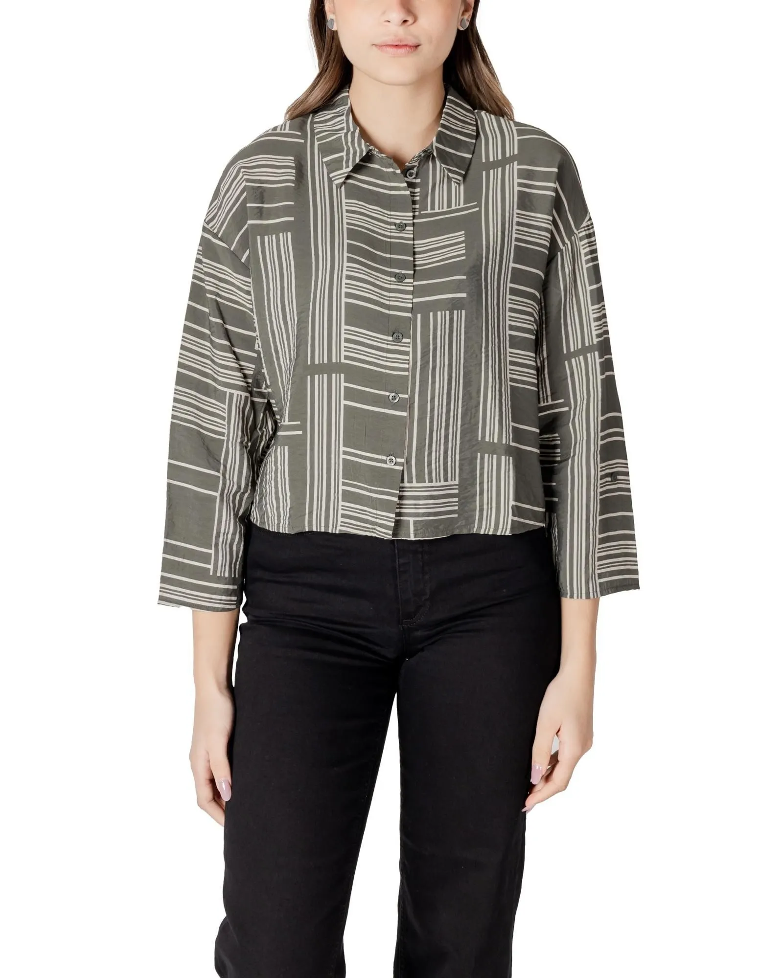 Striped Cropped Boxy Shirt- Green Blouses