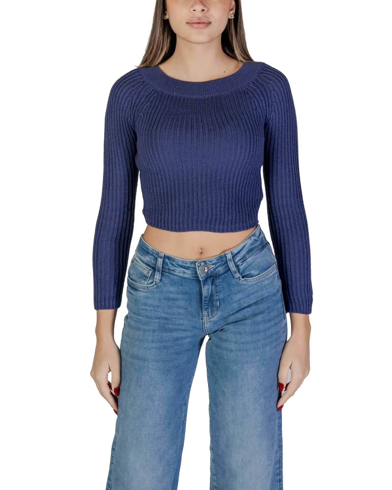 Cropped Ribbed Knit Pullover Sweater- Blue Knitwear
