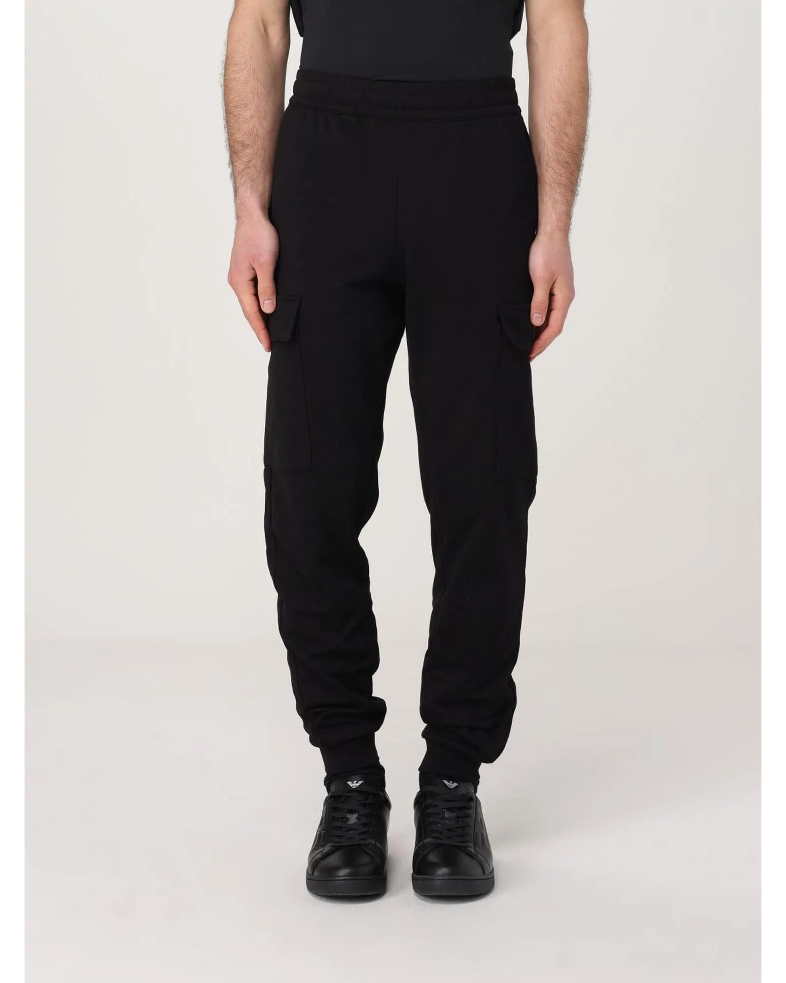 Cotton Plain Trousers with Multiple Pockets - Black Pants