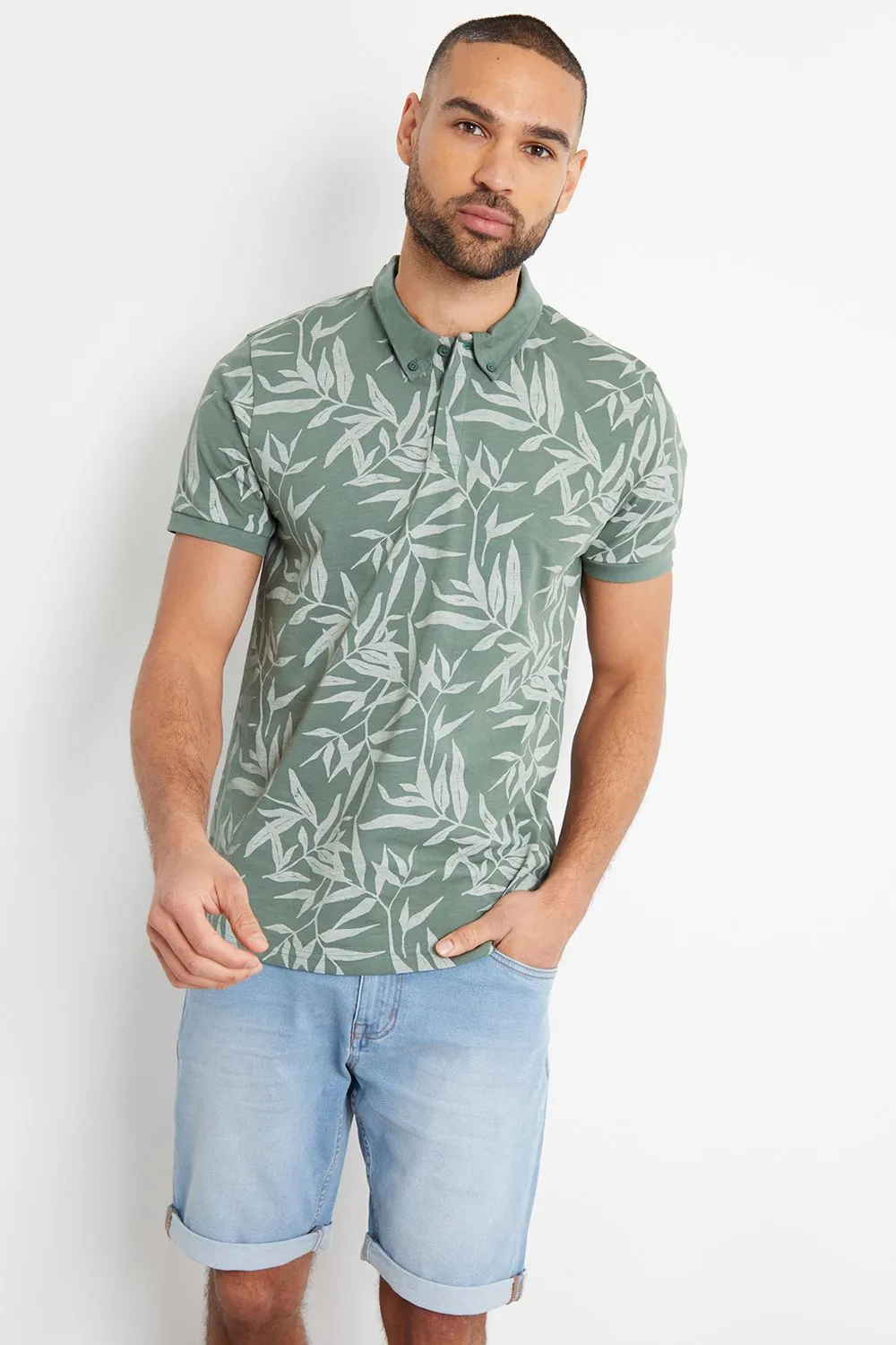 'Bisbon' Leaf Print Cotton Polo Shirt
