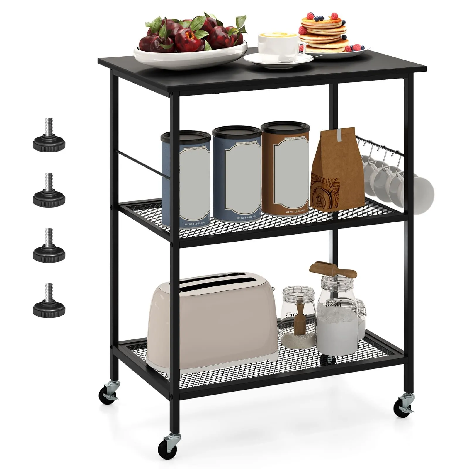 Kitchen Serving Rolling Carts 3 Tier Storage Shelves Island Cart-Black